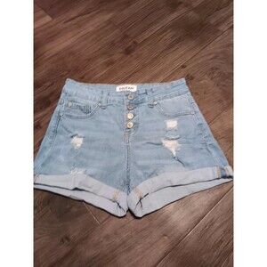 Enjean Denim Co Button Fly Cuffed Distressed Blue Jean Shorts Women's Sz S
